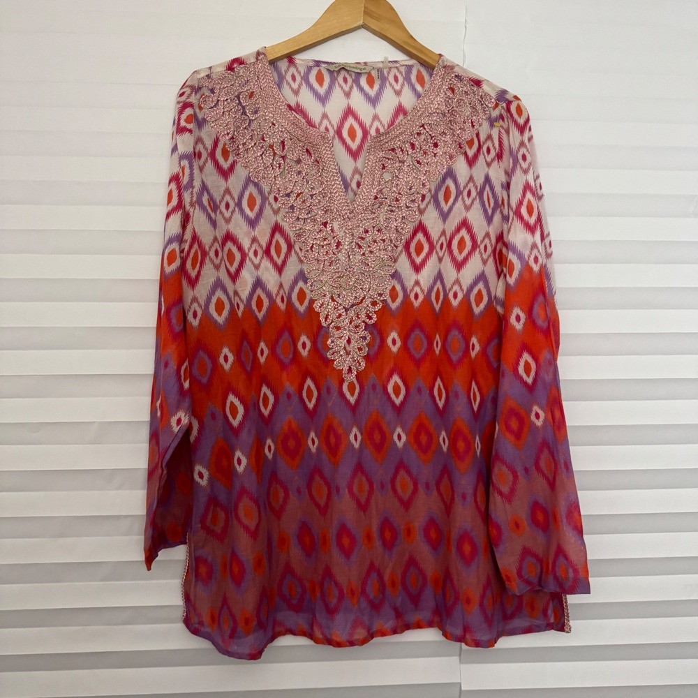 Soft Surroundings Ikat Diamond Crochet Lace‎ Trim Cotton Tunic Top Boho L